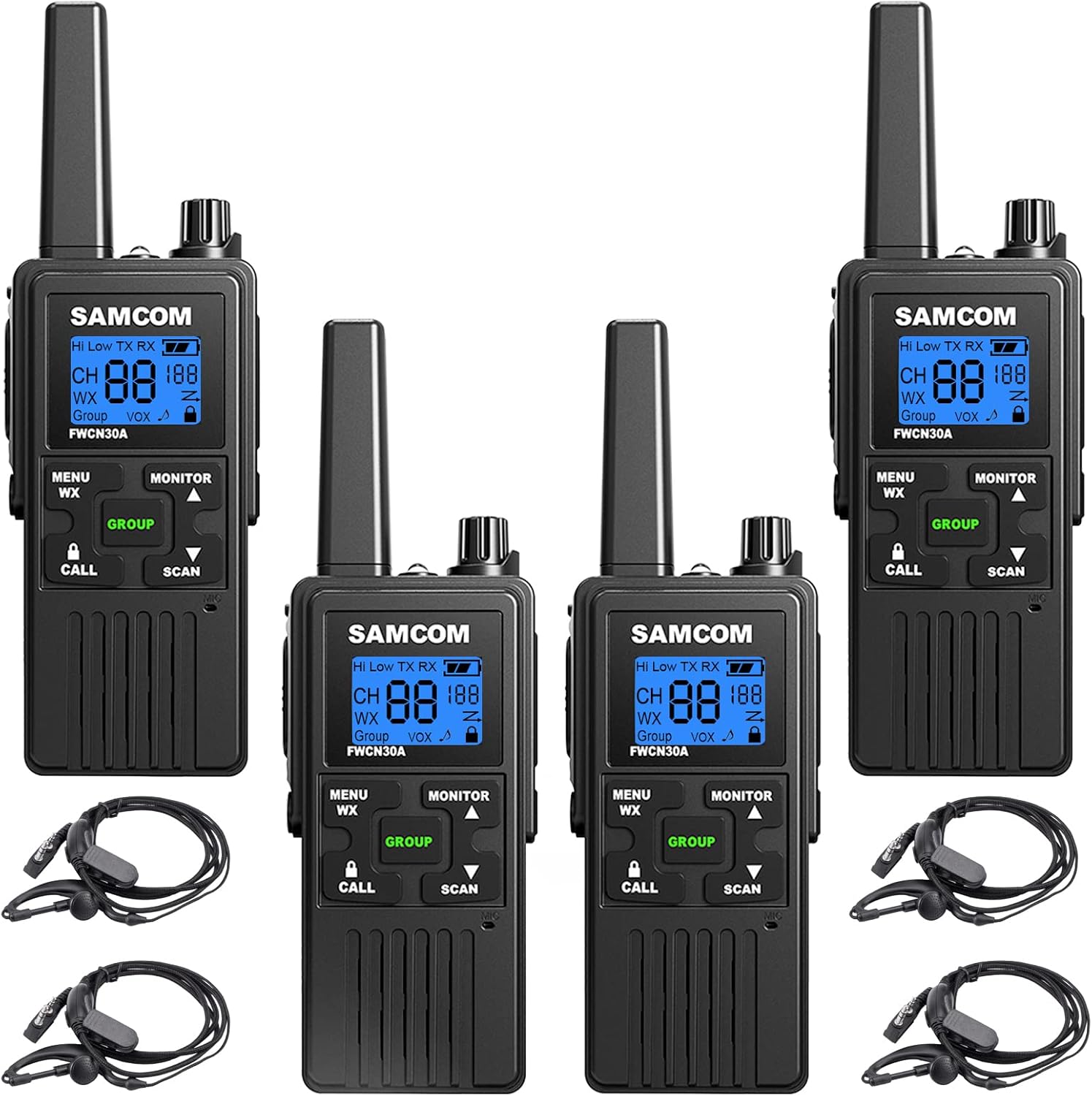 SAMCOM FWCN30A 4 Pack Two Way Radios Long Range Rechargeable Walkie-Talkies,Black