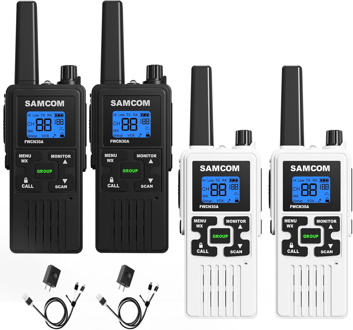 4 Packs Black + White SAMCOM FWCN30A Long Range Walkie Talkies Rechargeable for Adults