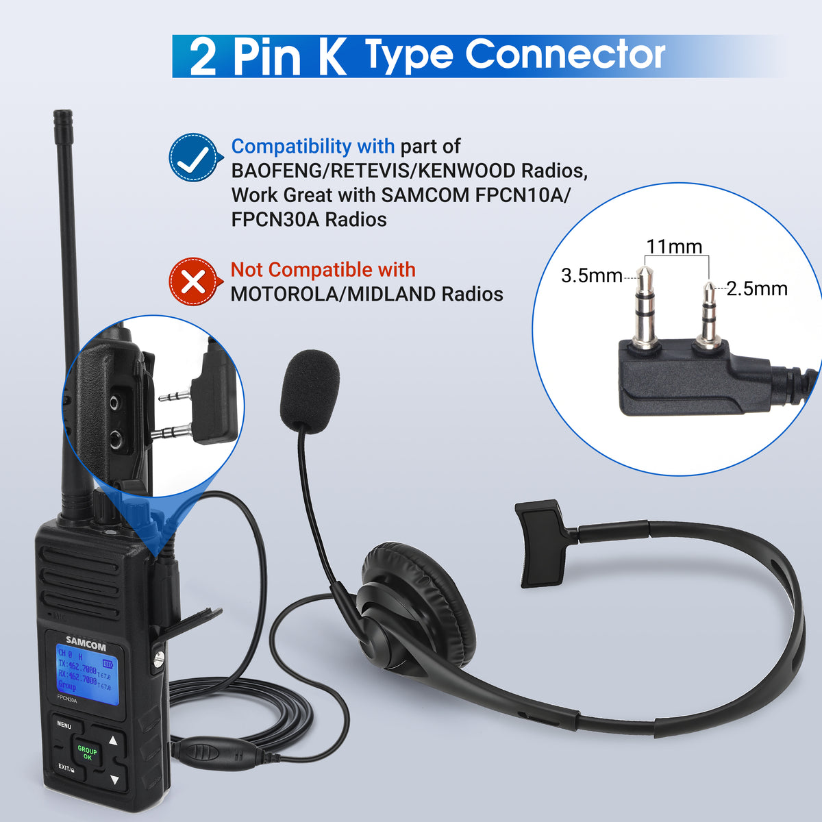 Samcom Sir SAMCOM HSK01 Walkie Talkie 2 Pin Plug Headset with Boom Mic, 1 Pcs